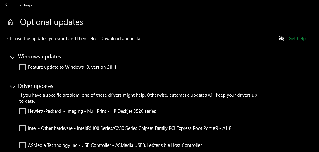 Windows Optional Driver Updates