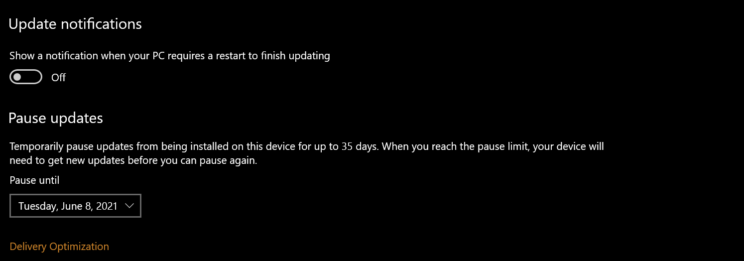 Pausing updates in Windows