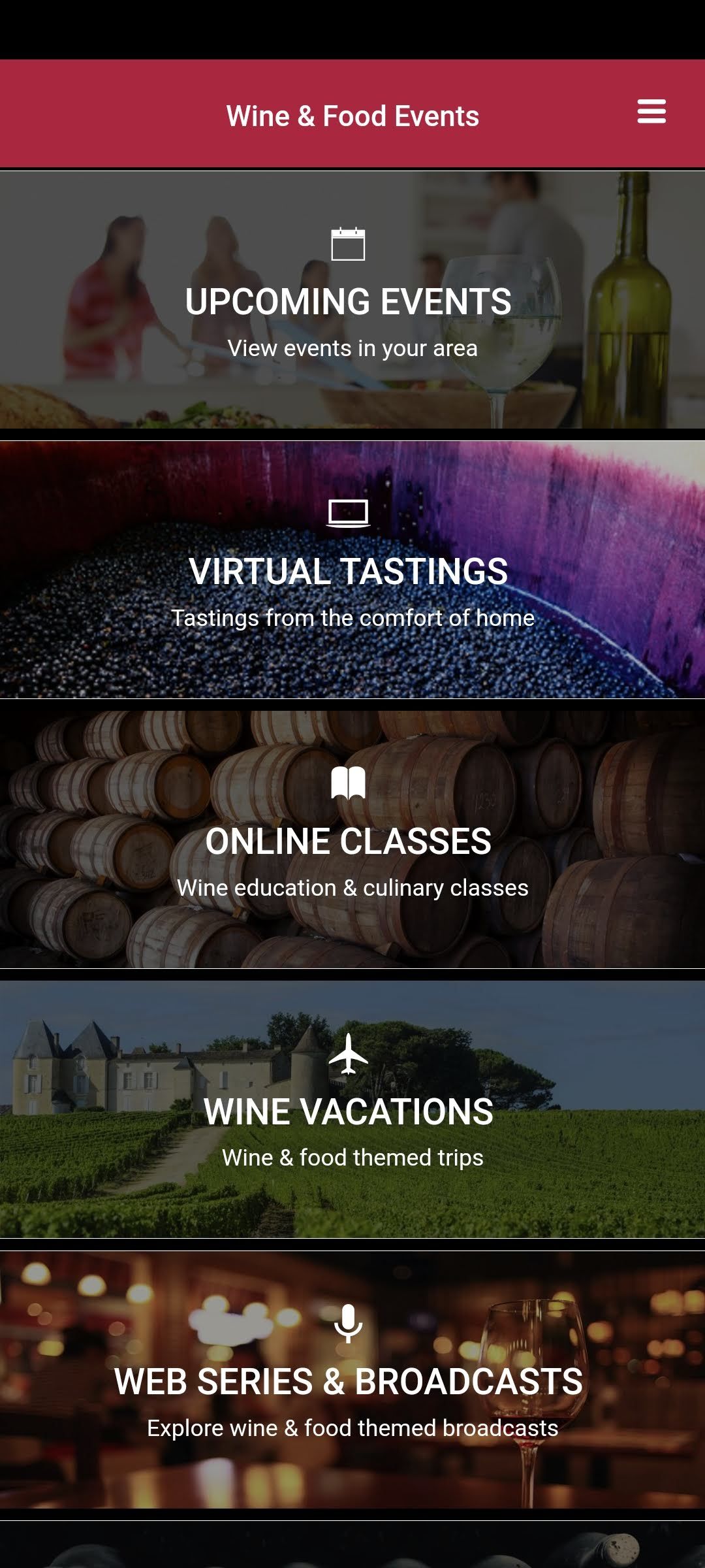 Wine Events app main menu