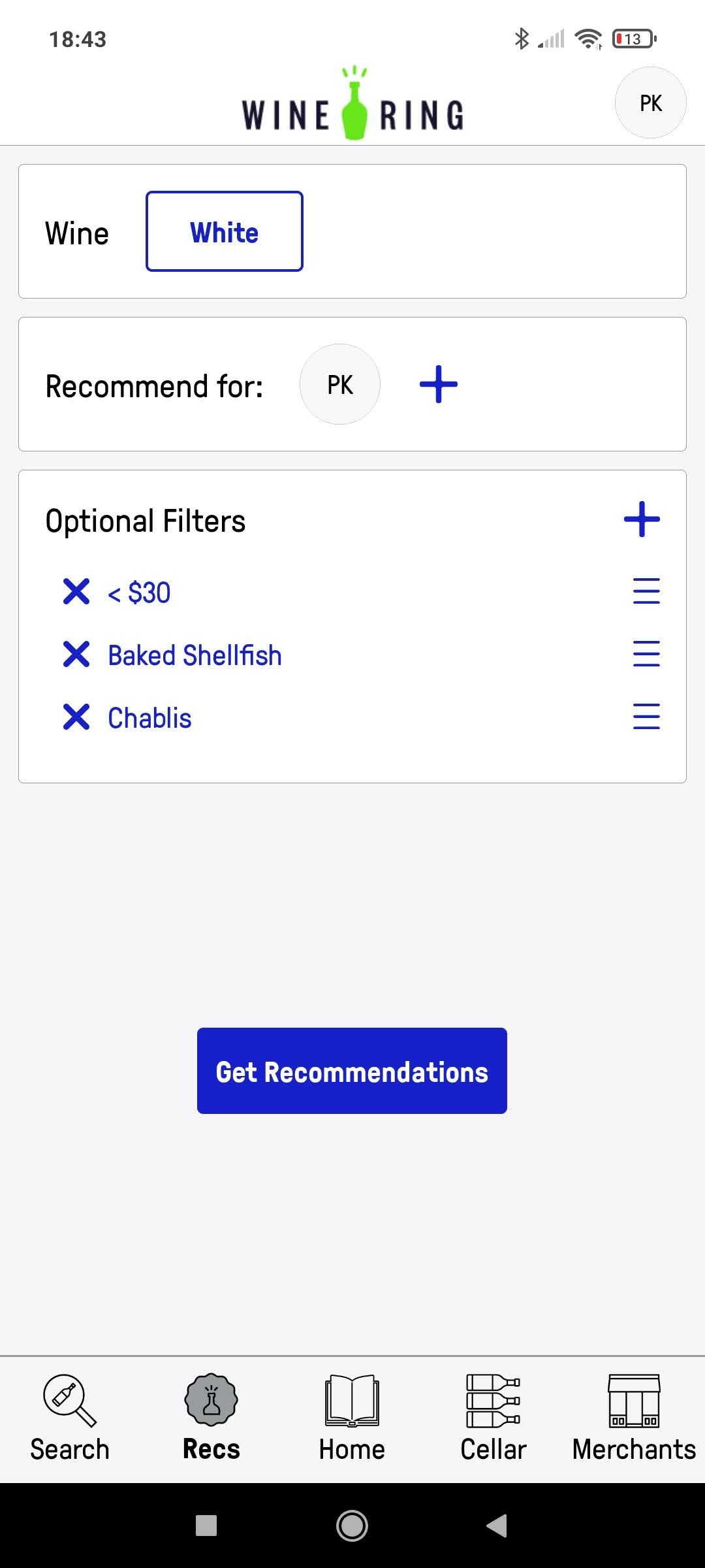 Wine Ring app recommendation filters