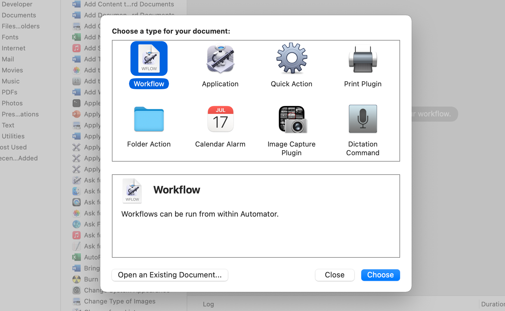 Jenis dokumen Alur Kerja dipilih di aplikasi Automator