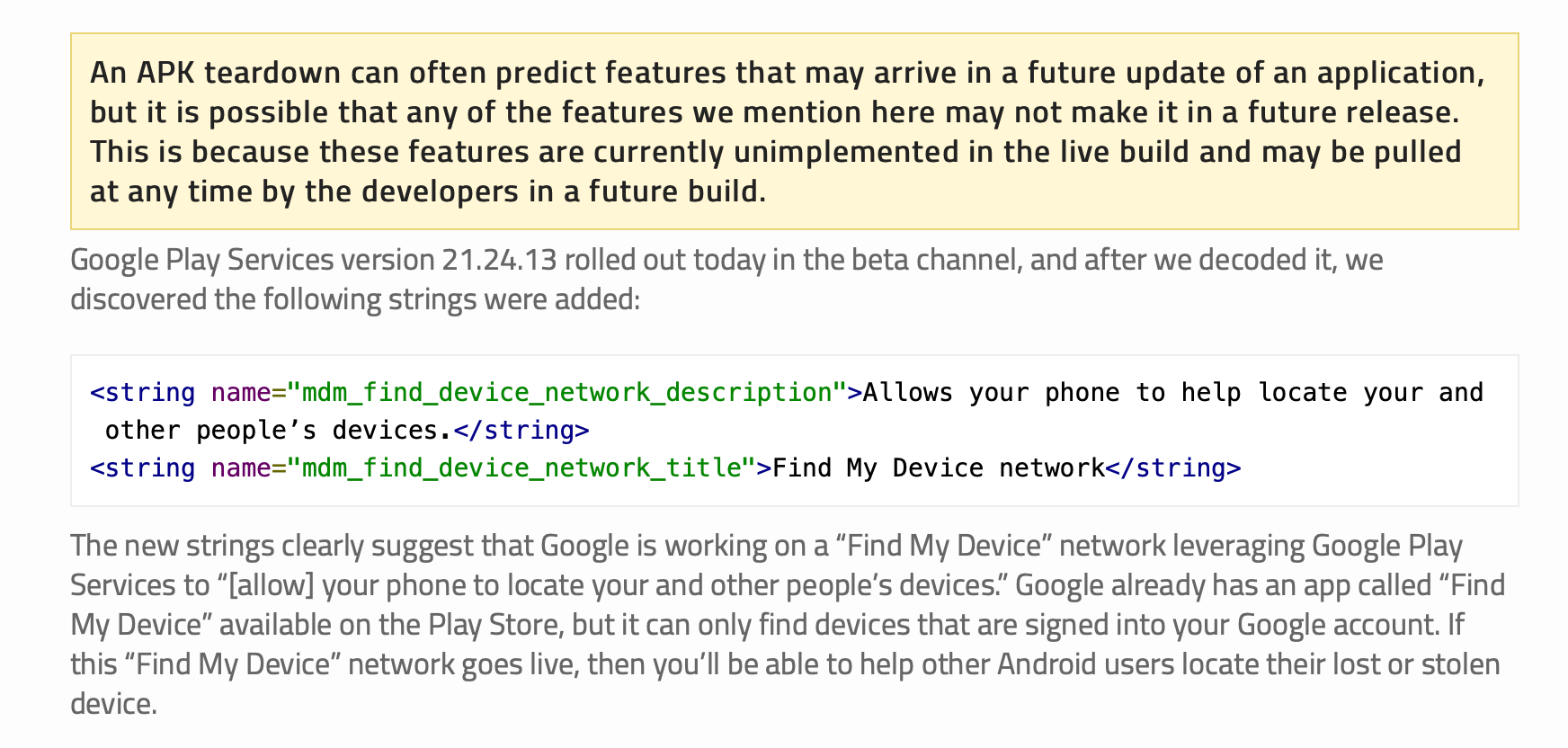 A screenshot of Google's Find Device network code found by XDA.