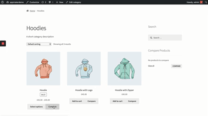 YITH Woocommerce Compare Plugin Interface