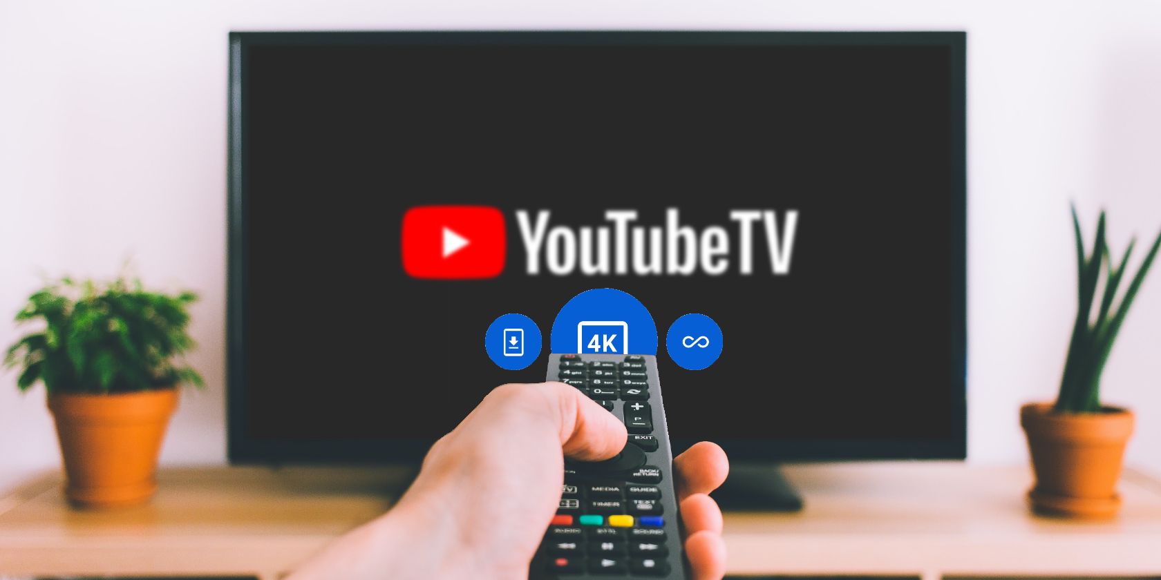 The YouTube TV app being used with a remote on a smart TV, highlighting icons for the new 4K Plus package.