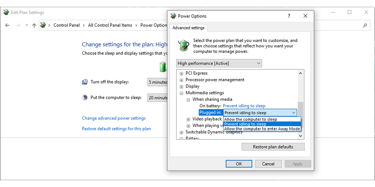 Additional power settings in Windows 10