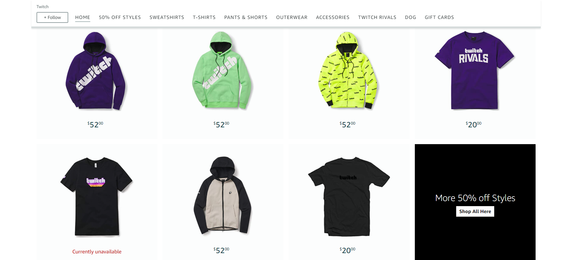 Screen capture of Twitch's online store on Amazon, selling hoodies as merch