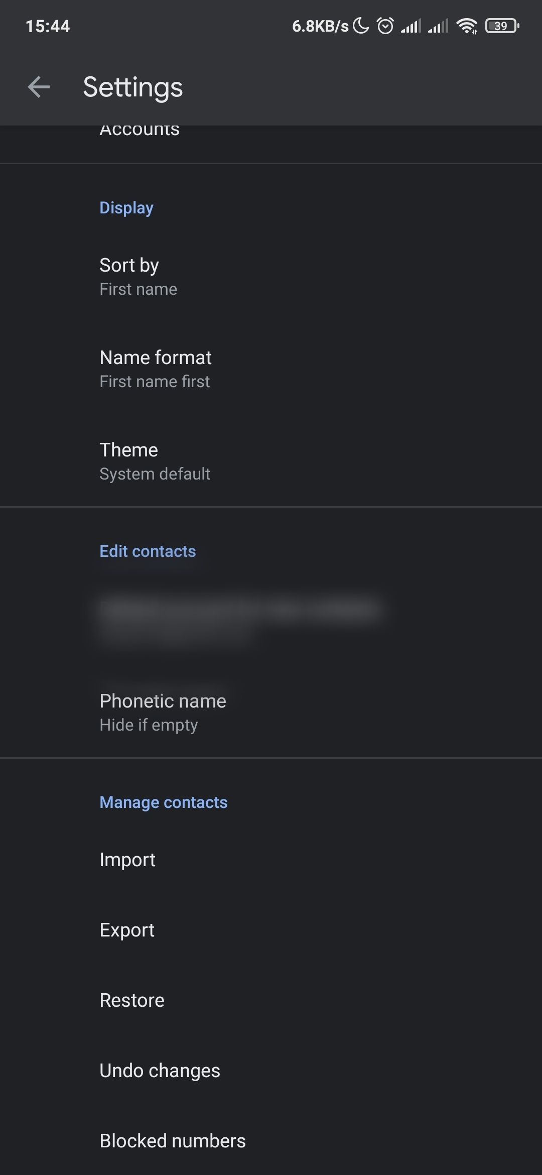Google contacts settings menu
