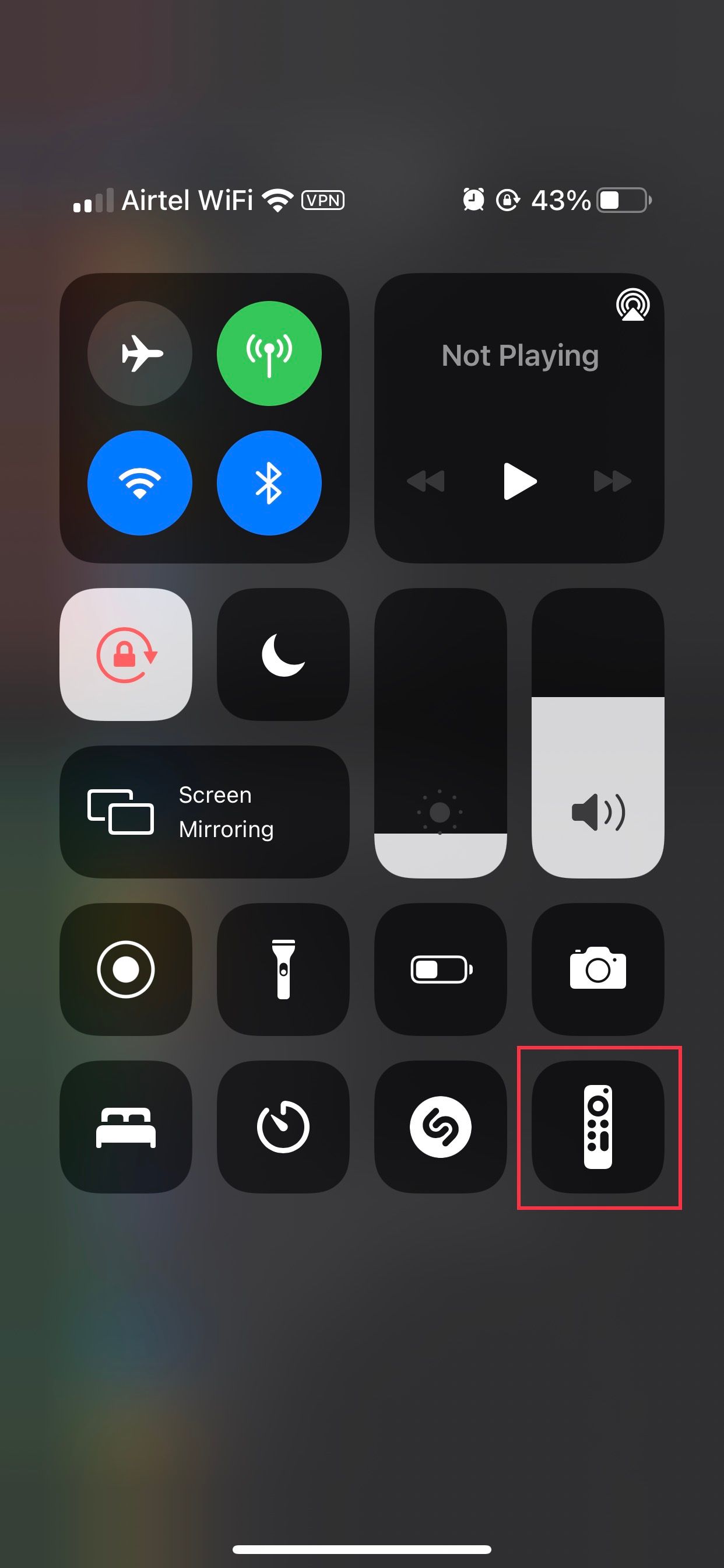 Apple TV remote app in the Control Center on iPhone