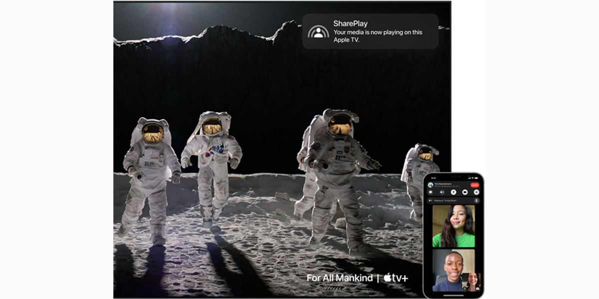 SharePlay on Apple TV via iPhone. Requires tvOS 15 and iOS 15.