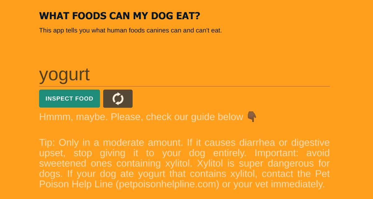 What Foods Can My Dog Eat is a searchable web app to find out dog-friendly foods and drinks