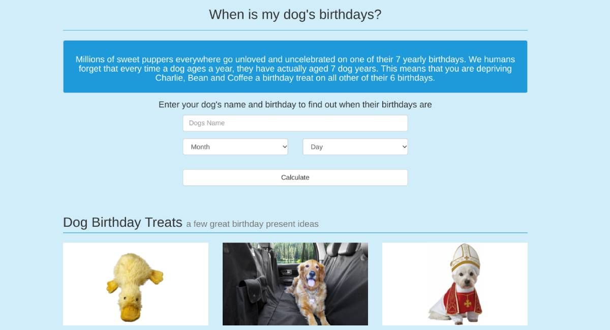 What Is My Dog's Birthdays calculates seven birthdays for your dog in a year so you can celebrate their dog years