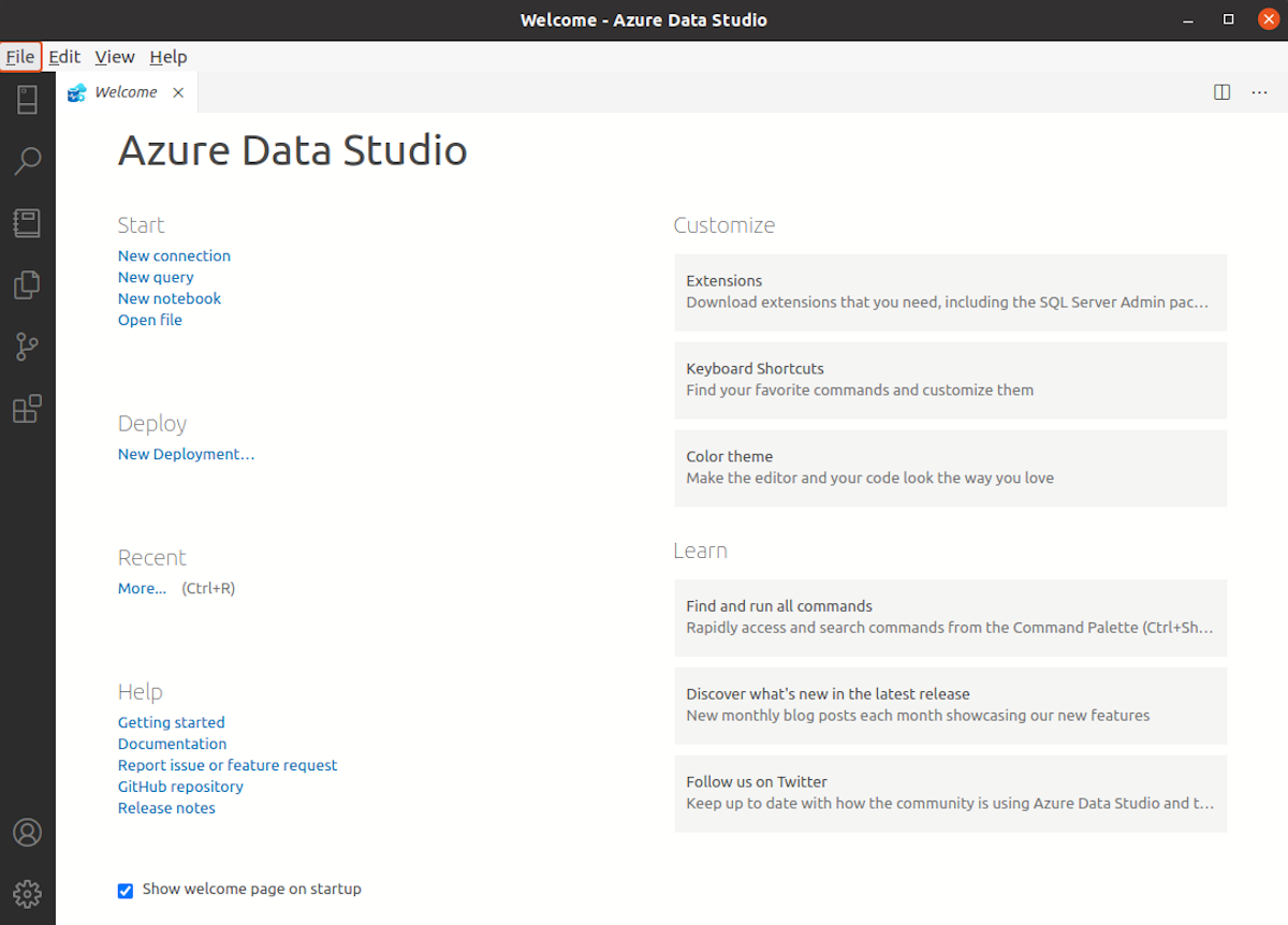 So installieren und konfigurieren Sie Microsoft SQL Server unter Ubuntu - azure data studio welcome page