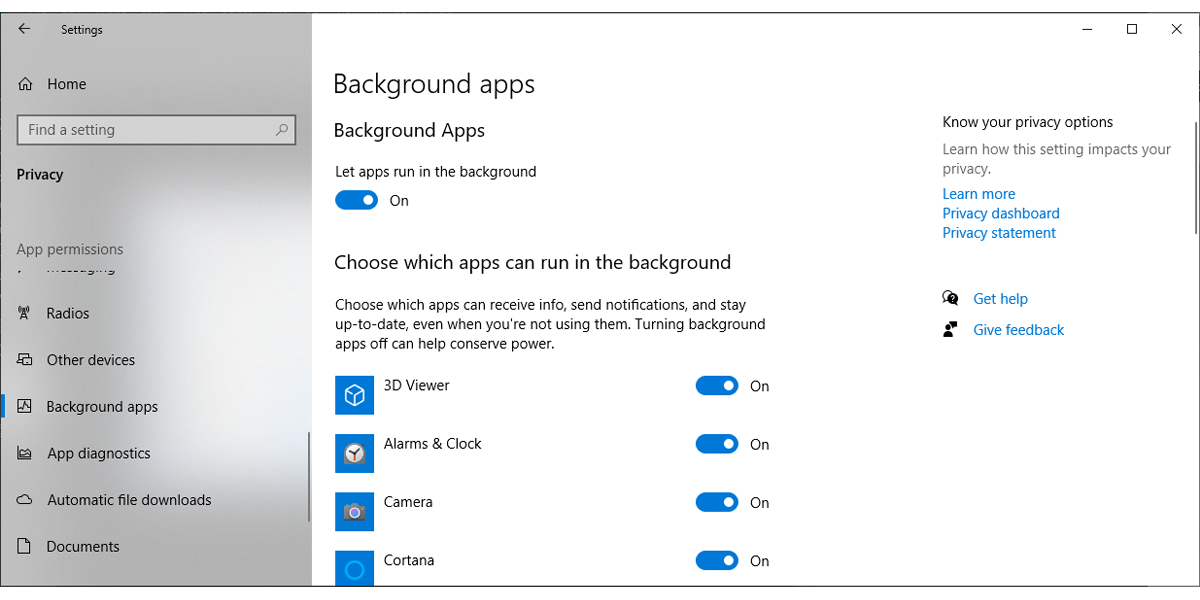 Background apps settings in Windows 10