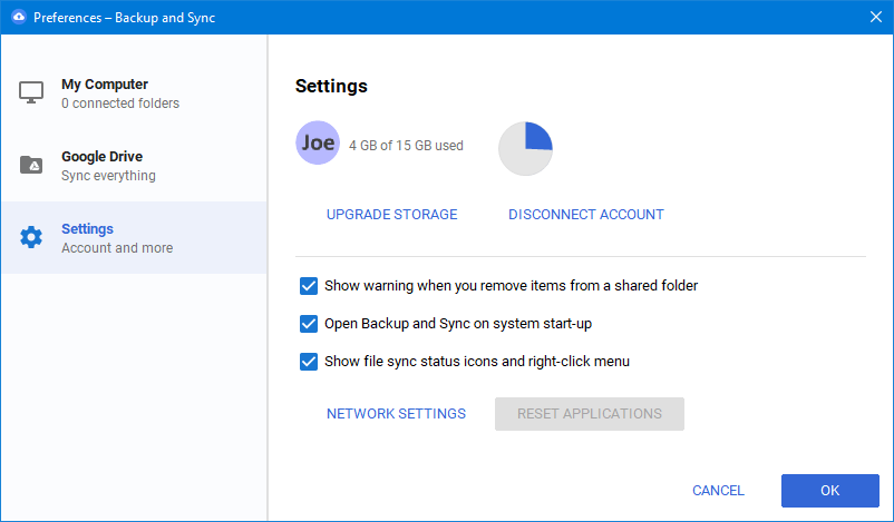 backup and sync preferences