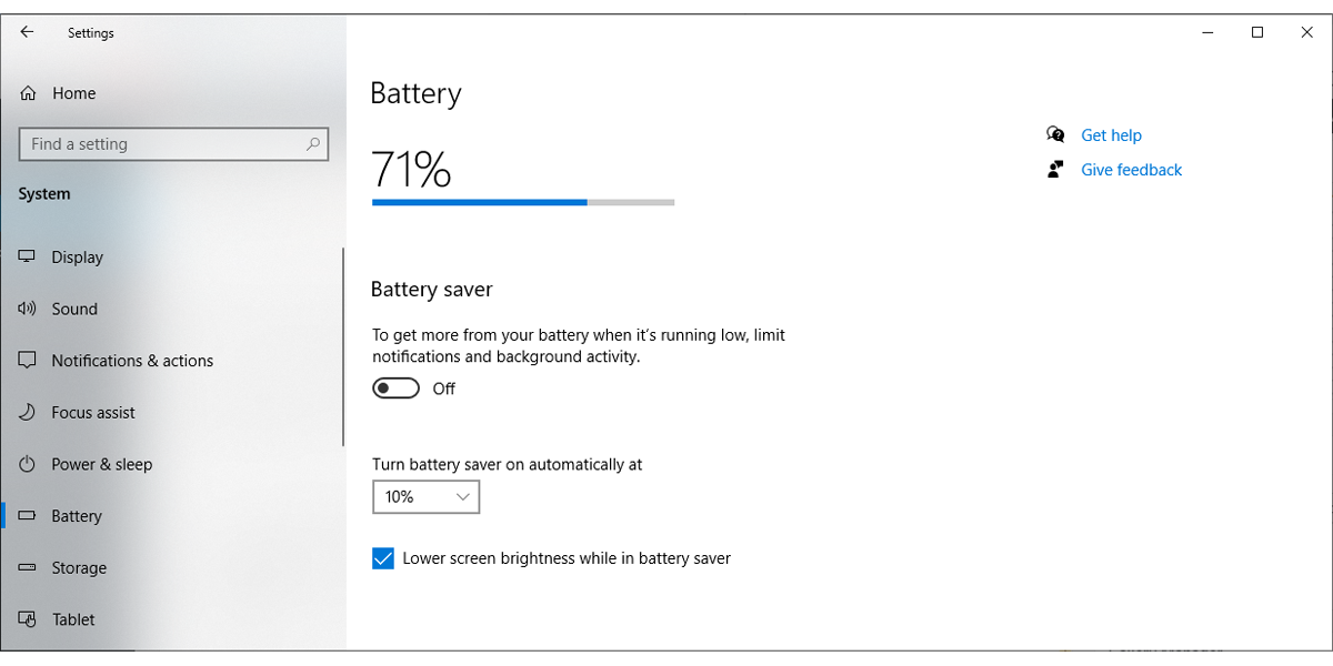 Battery settings in Windows 10