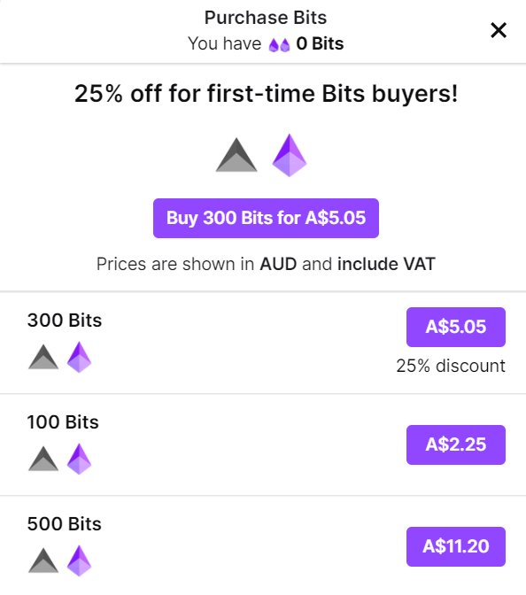 Screen capture of Bits price list on Twitch