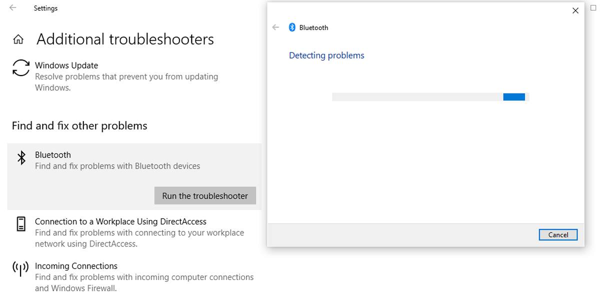 Bluetooth troubleshooter in Windows 10