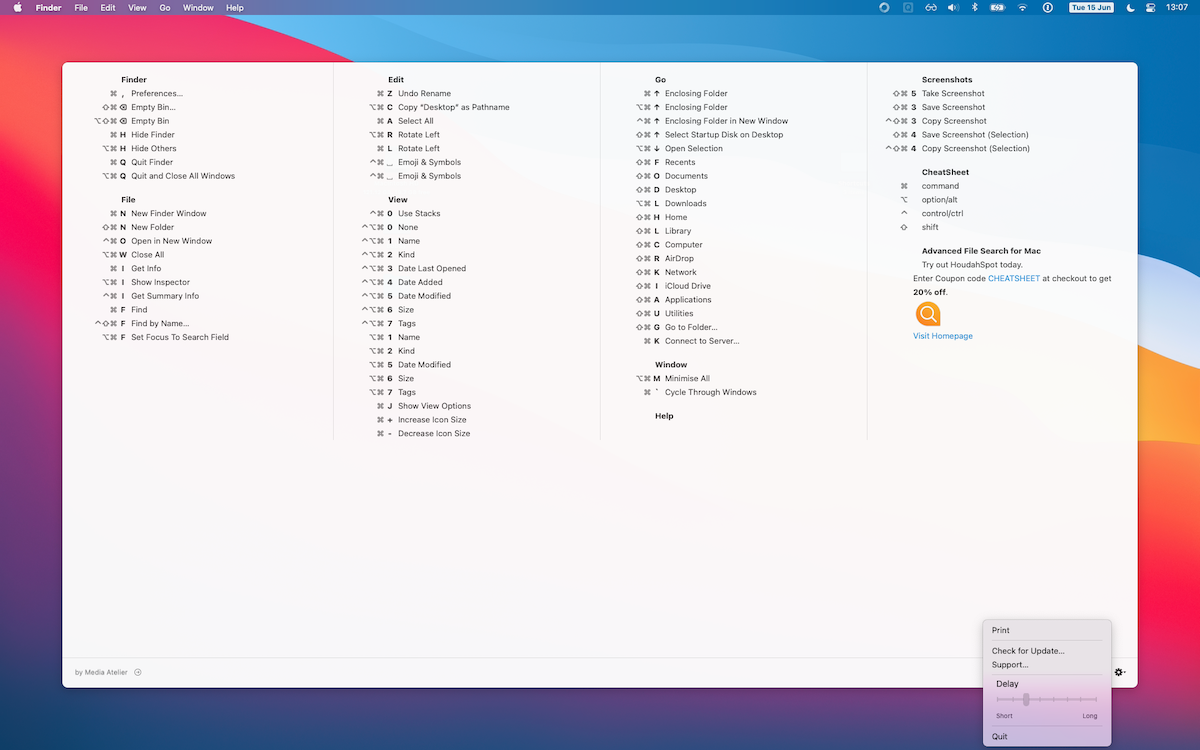 A screenshot of the main CheatSheet window showing the settings menu in the bottom right