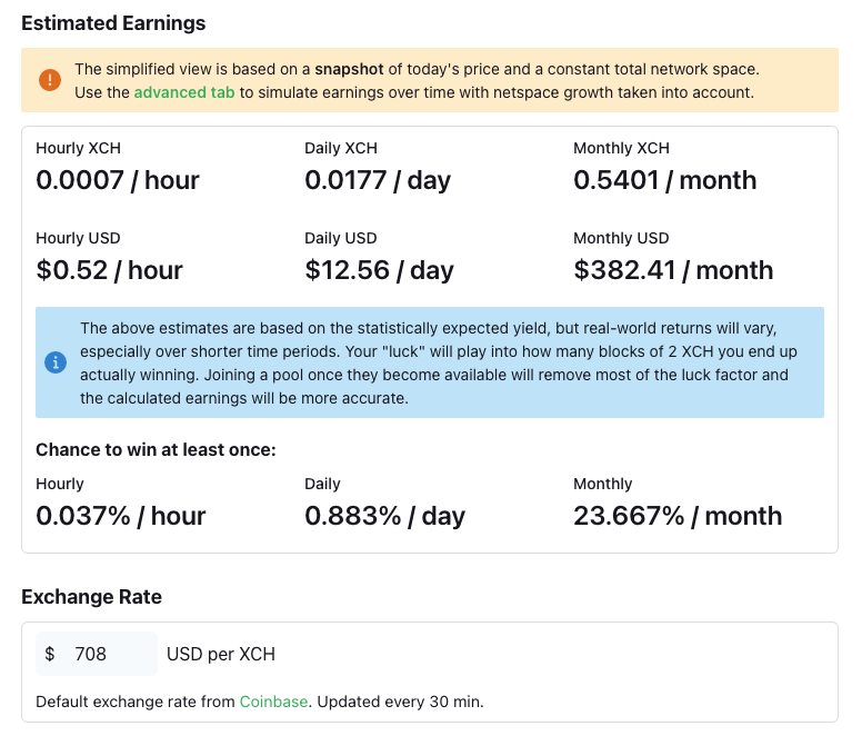 using chia calculator to work out expected earnings