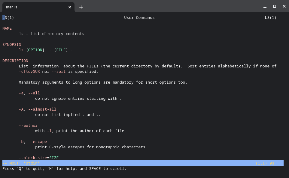 Man page for ls Linux command on Chromebook