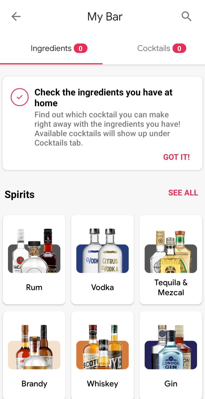 cocktail flow 'my bar' page screenshot