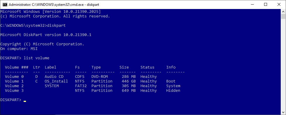 command promp diskpart list disk