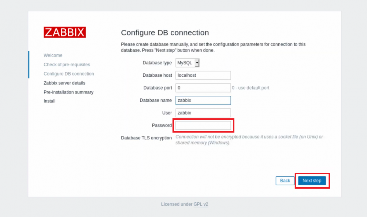 configure zabbix database details