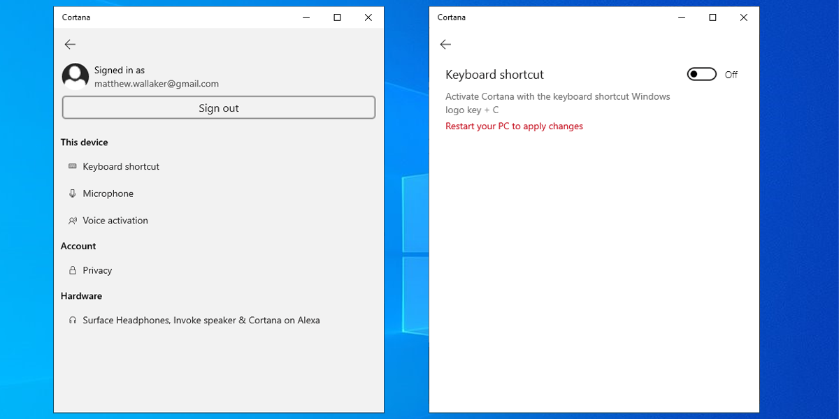 Cortana's settings in Windows 10