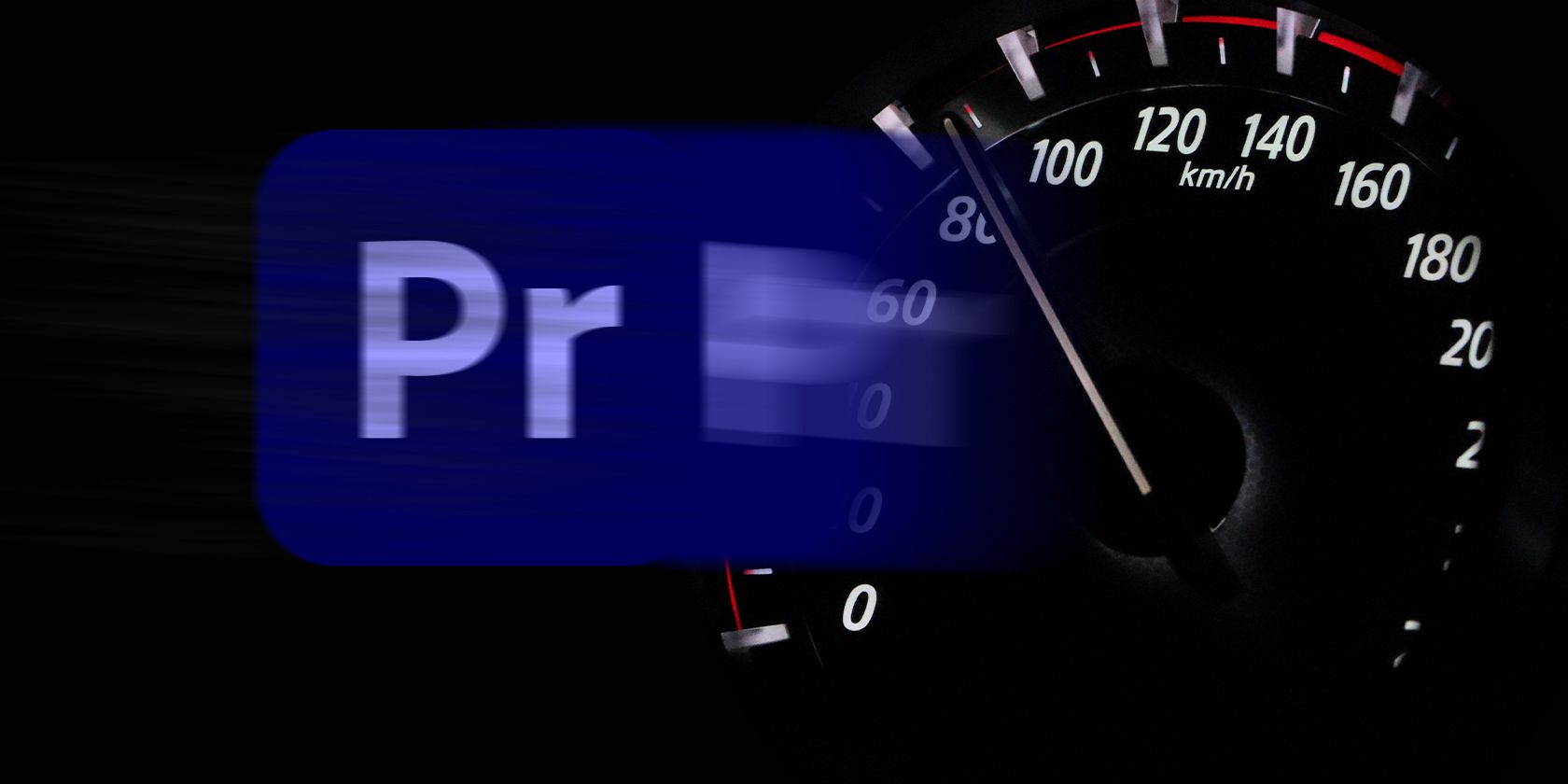 Premiere Pro moving at great speed, as a speedometer sits behind it. This is because it is being optimized thanks to the tricks and tips detailed in this article.