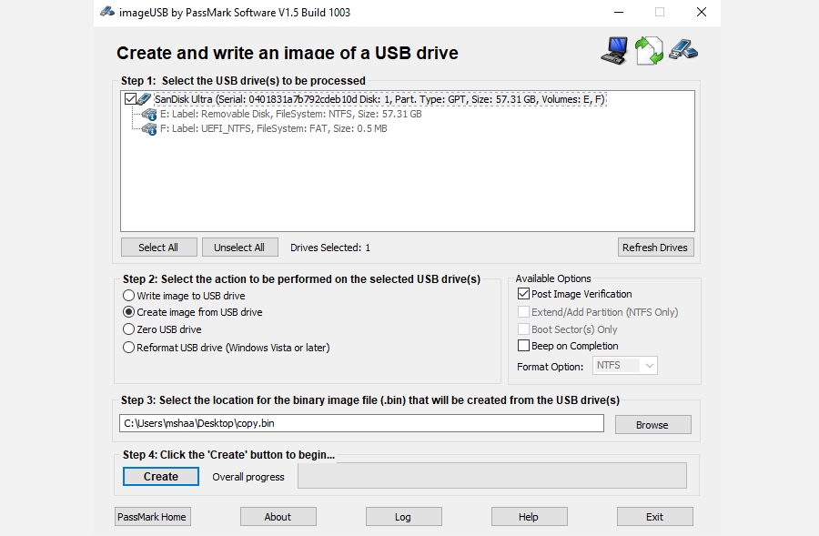 creating an image of usb with imageUSB