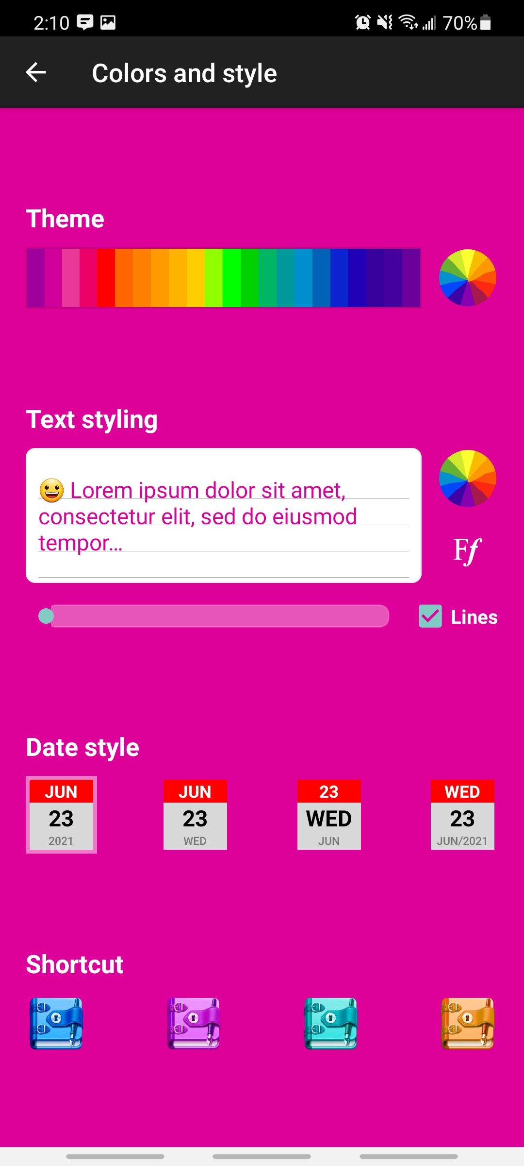diary from writediary.com changing colors and style