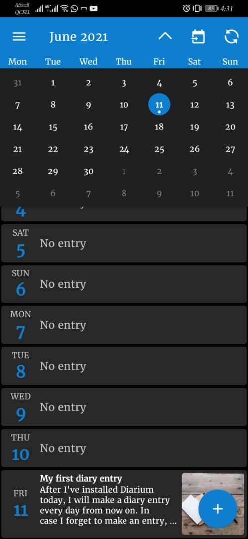 Screenshot of Diarium app calendar