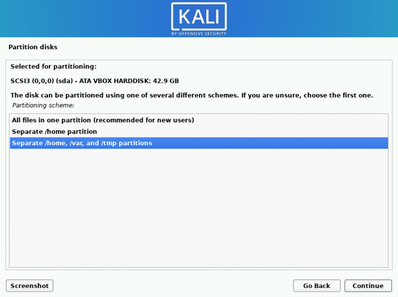 partitioning disk for kali linux vm