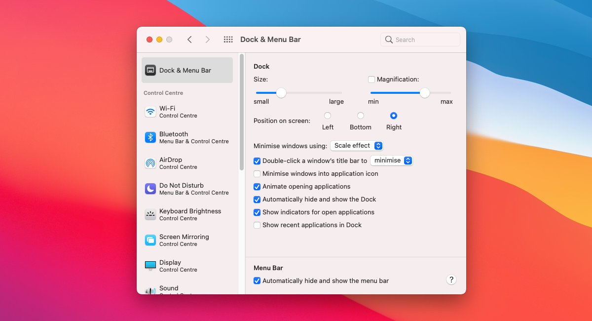 A screenshot of macOS' Dock and Menu Bar preferences