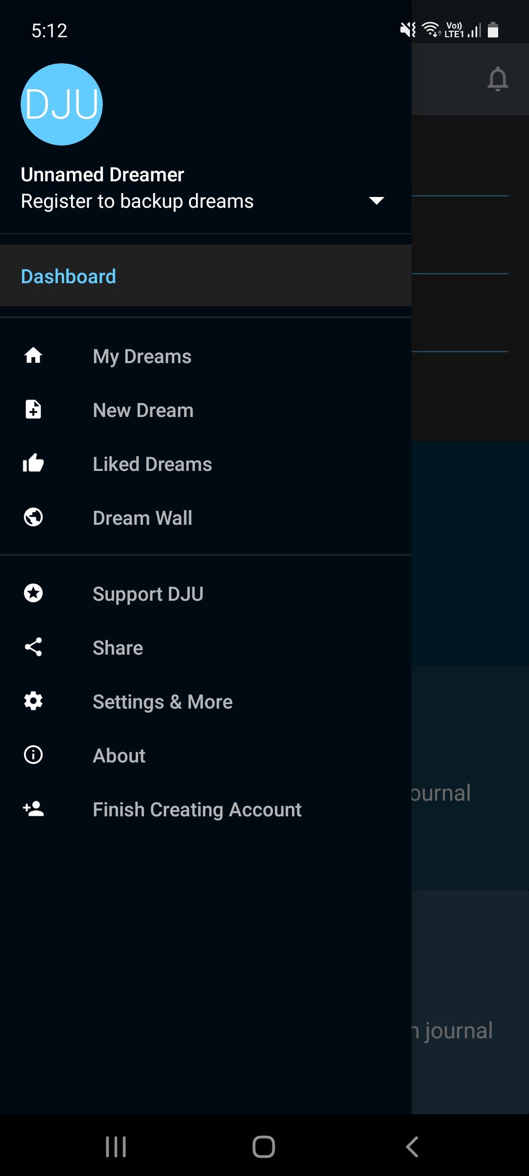 dream journal ultimate app menu