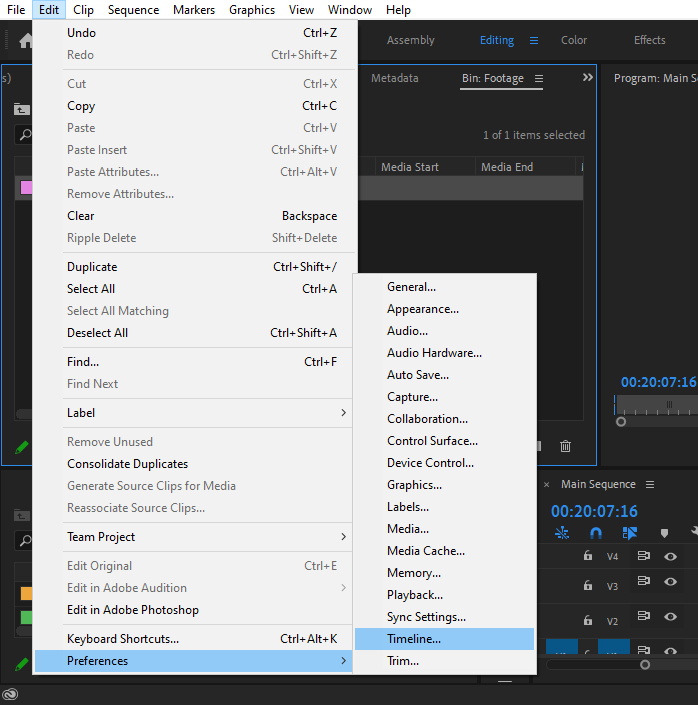 The Edit dropdown in Premiere Pro