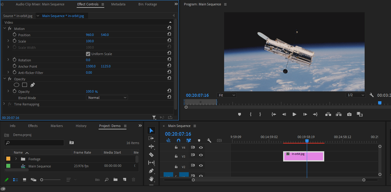 The still image's effect controls in Premiere Pro