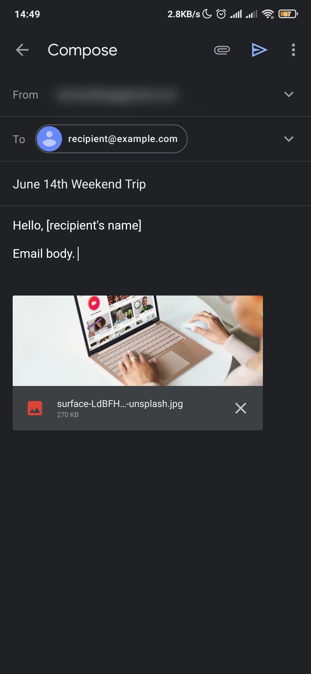 An email with a file attachment in Gmail mobile