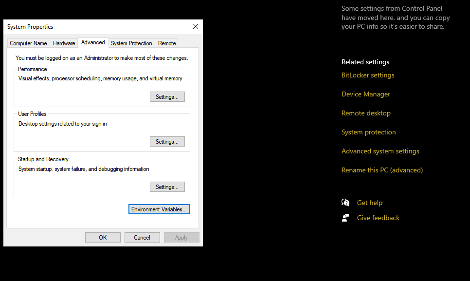 Advanced system settings panel in Windows