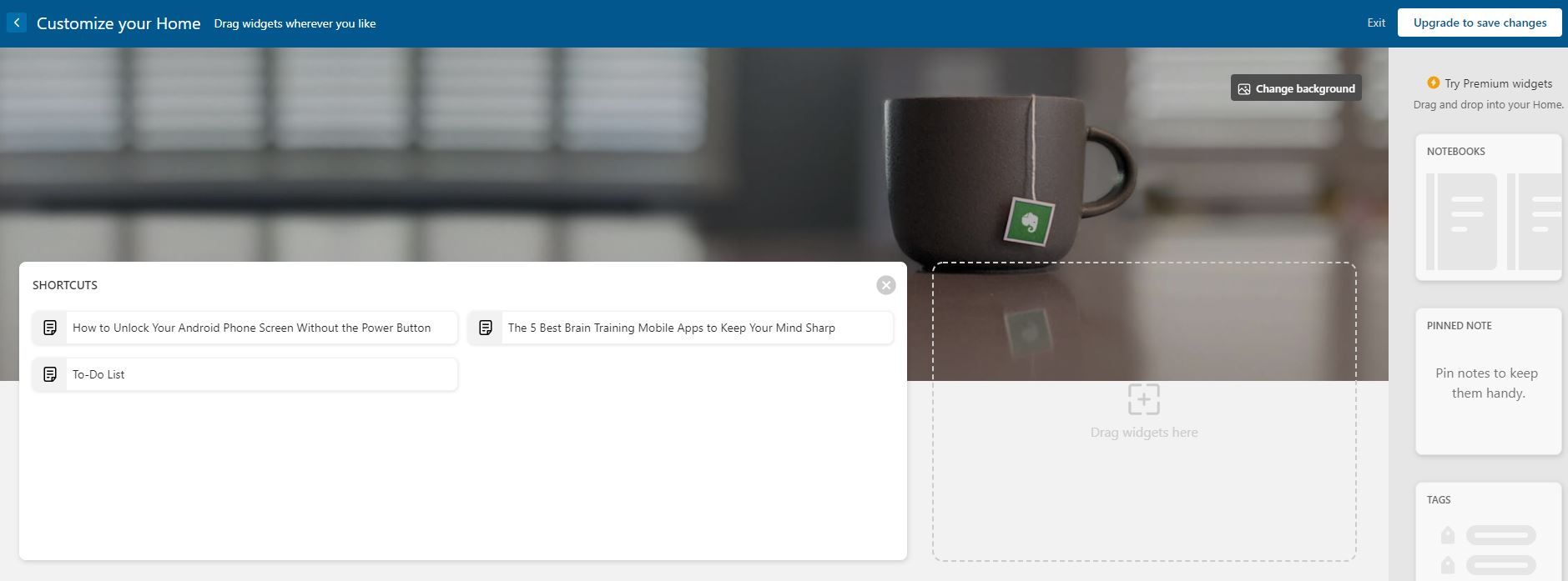 Customize home screen in Evernote