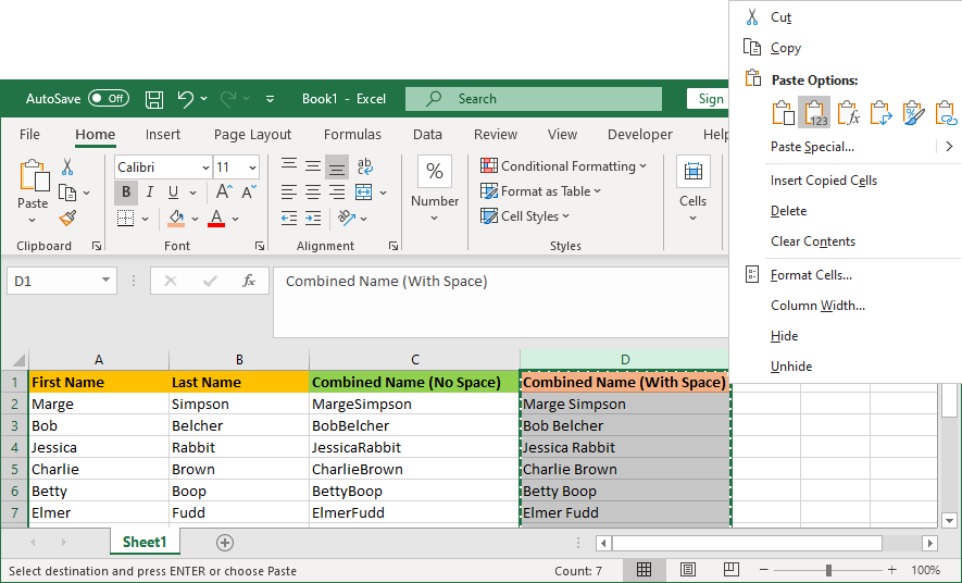 excel combined cell paste