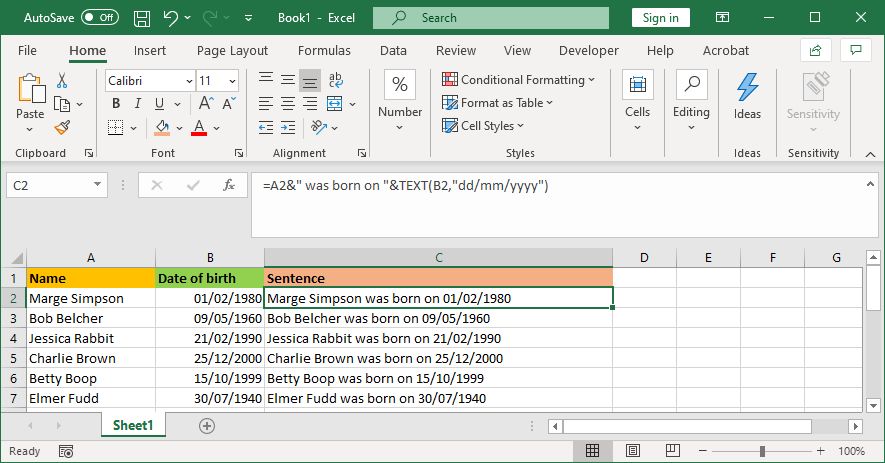 Cellule combinée Excel avec formule de texte
