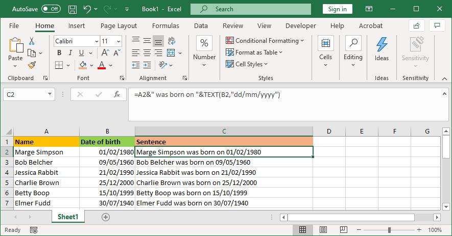 excel combined cell with text formula