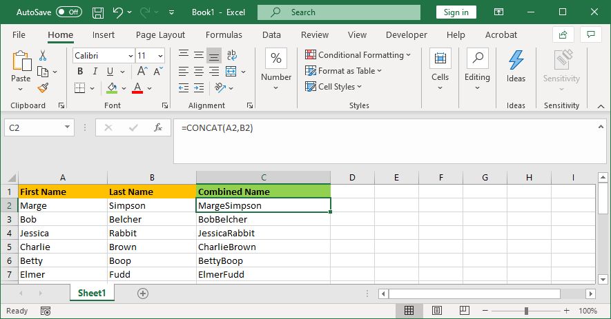 excel combined cells CONCAT