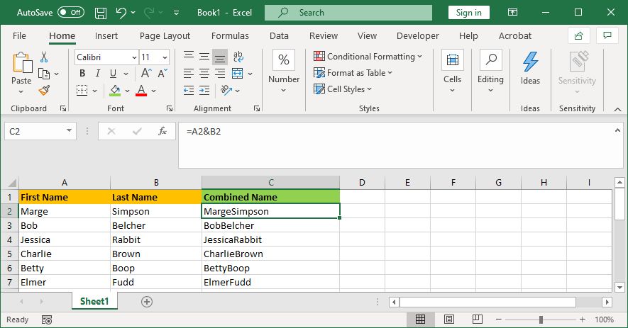 excel combined cells ampersand