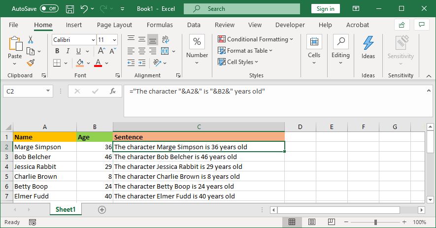 excel combined cells with additional text