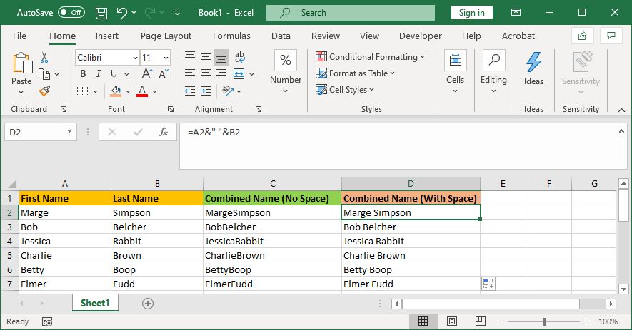 excel combined cells with space