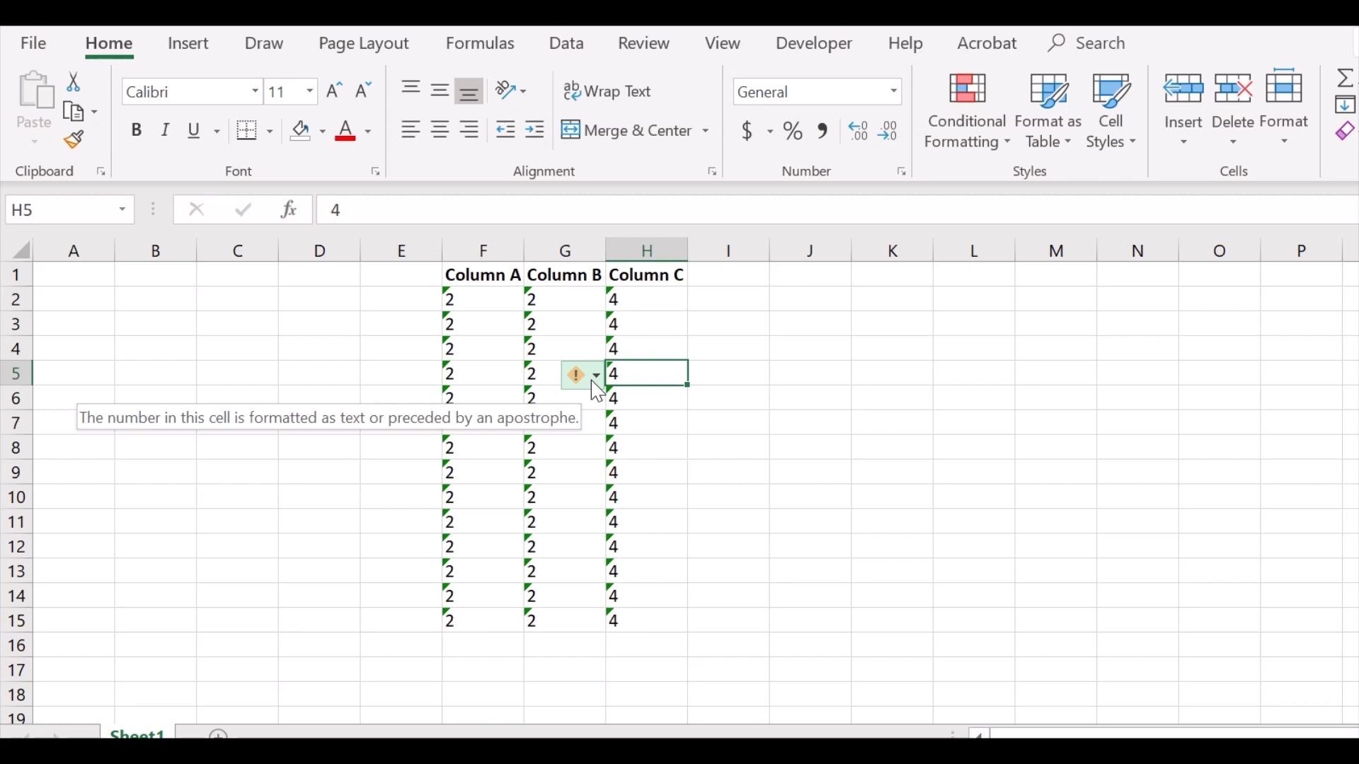 Cell Is Formatted as Text Excel خطا