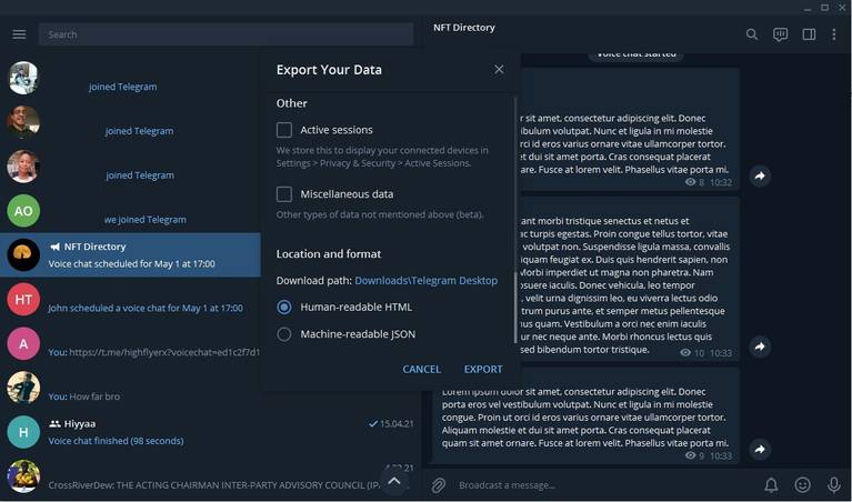 ekspor data telegram