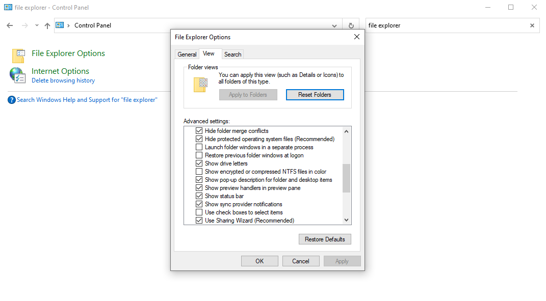 file explorer options dialog box